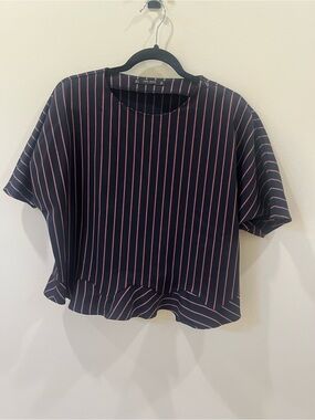 Zara Navy Short Sleeve Top with red/grey Pinstripes